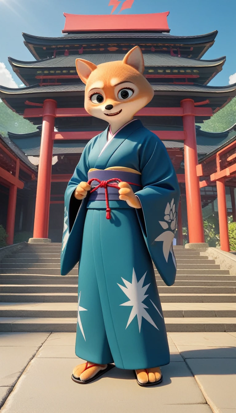 Close-up shot of a Shiba Inu, Shiba Inu Samurai,whole body, Holding a Japanese sword wrapped in black lightning，Samurai kimono，Wearing Japanese clothing, Background of the Japan Temple, High resolution, masterpiece, Highest quality, Super detailed, Super detailed, Ultra-realistic,
 Japan style, 3D Fluffy, Cute and adorable close-ups, Cute big round reflective eyes, Long fuzzy fur, Pixar Rendering, unreal engine Cinematic smooth, Exquisite detail, Cinematic