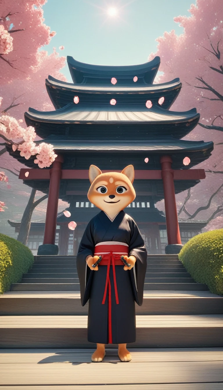 Close-up shot of a Shiba Inu, Shiba Inu Samurai,whole body, Holding a Japanese sword wrapped in black lightning,Samurai kimono,Wearing Japanese clothing, Background of the Japan Temple, High resolution, masterpiece, Highest quality, Super detailed, Super detailed, Ultra-realistic,
Japan style, 3D Fluffy, Cute and adorable close-ups, Cute big round reflective eyes, Long fuzzy fur, Pixar Rendering, unreal engine Cinematic smooth, Exquisite detail, Cinematic