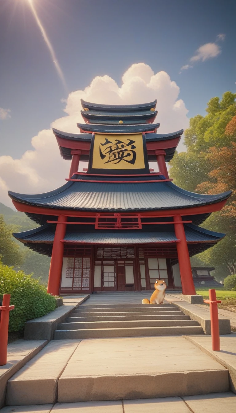 Close-up shot of a Shiba Inu, Shiba Inu Samurai,whole body, Holding a Japanese sword wrapped in black lightning，Samurai kimono，Wearing Japanese clothing, Background of the Japan Temple, High resolution, masterpiece, Highest quality, Super detailed, Super detailed, Ultra-realistic,
 Japan style, 3D Fluffy, Cute and adorable close-ups, Cute big round reflective eyes, Long fuzzy fur, Pixar Rendering, unreal engine Cinematic smooth, Exquisite detail, Cinematic