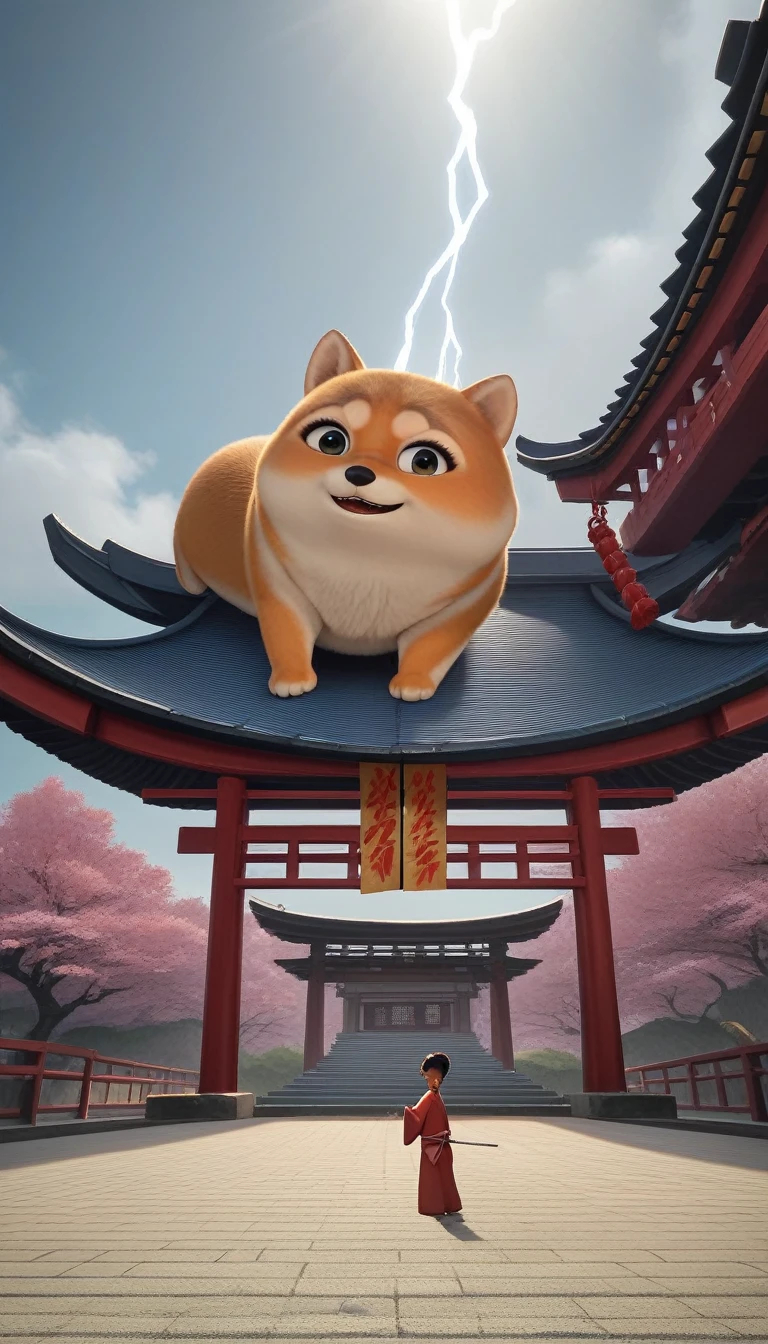 Close-up shot of a Shiba Inu, Shiba Inu Samurai,whole body, Holding a Japanese sword wrapped in black lightning，Samurai kimono，Wearing Japanese clothing, Background of the Japan Temple, High resolution, masterpiece, Highest quality, Super detailed, Super detailed, Ultra-realistic,
 Japan style, 3D Fluffy, Cute and adorable close-ups, Cute big round reflective eyes, Long fuzzy fur, Pixar Rendering, unreal engine Cinematic smooth, Exquisite detail, Cinematic