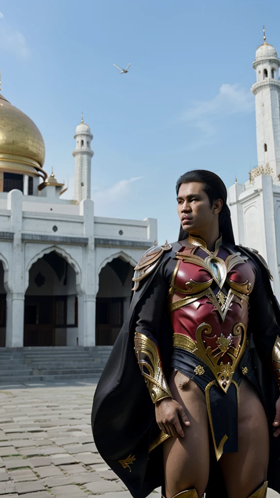 Photorealistic images of Indonesia's melayu superheroes, their sleek, Renaissance-inspired costumes, decorated with intricate traditional melayu patterns, look majestic against the backdrop of Aceh's Grand Mosque.  The superhero surveys the bustling city of Aceh, his powerful wings shadowing the iconic buildings