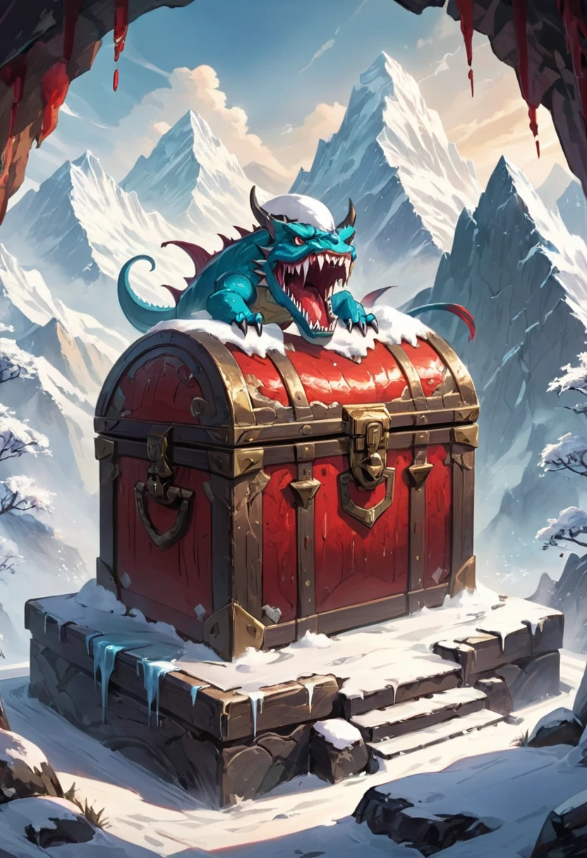 Treasure Box Monster Mimic from D&D, The screen mainly depicts a treasure chest covered in ice and snow on the towering mountain peak. The hidden monsters inside the chest awaken from disguise, revealing their bloody mouths and launching attacks with sharp teeth, giving people a sense of mystery and danger, cinematic still, emotional, vignette, dynamic, vivid, (masterpiece, best quality, Professional, perfect composition, very aesthetic, absurdres, ultra-detailed, intricate details:1.3)