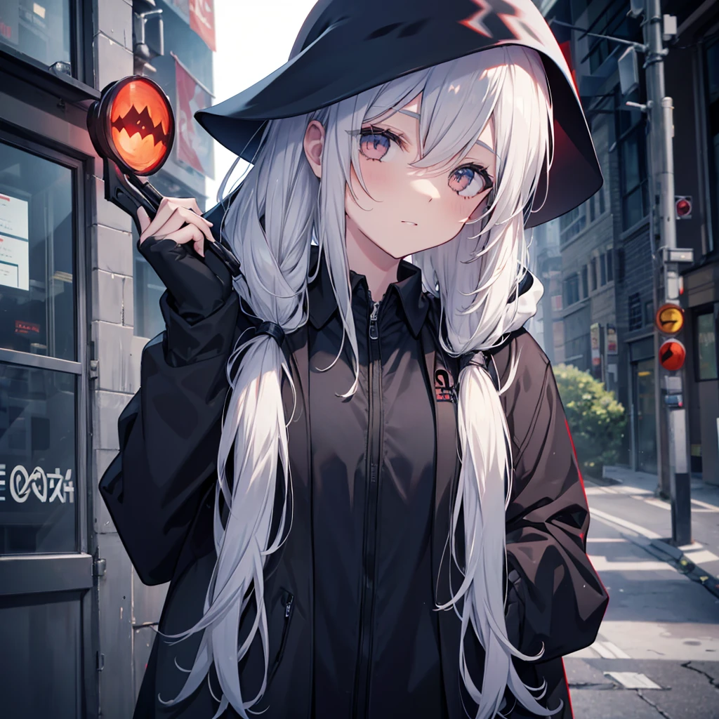 (((Grim Reaper's Scythe))) (((Gray Hair Short Hair blue eyes girl))),((night full moon My own big wings)),(Wearing a hood Black camisole Purple light), A tense look Shining Background Shining Edge