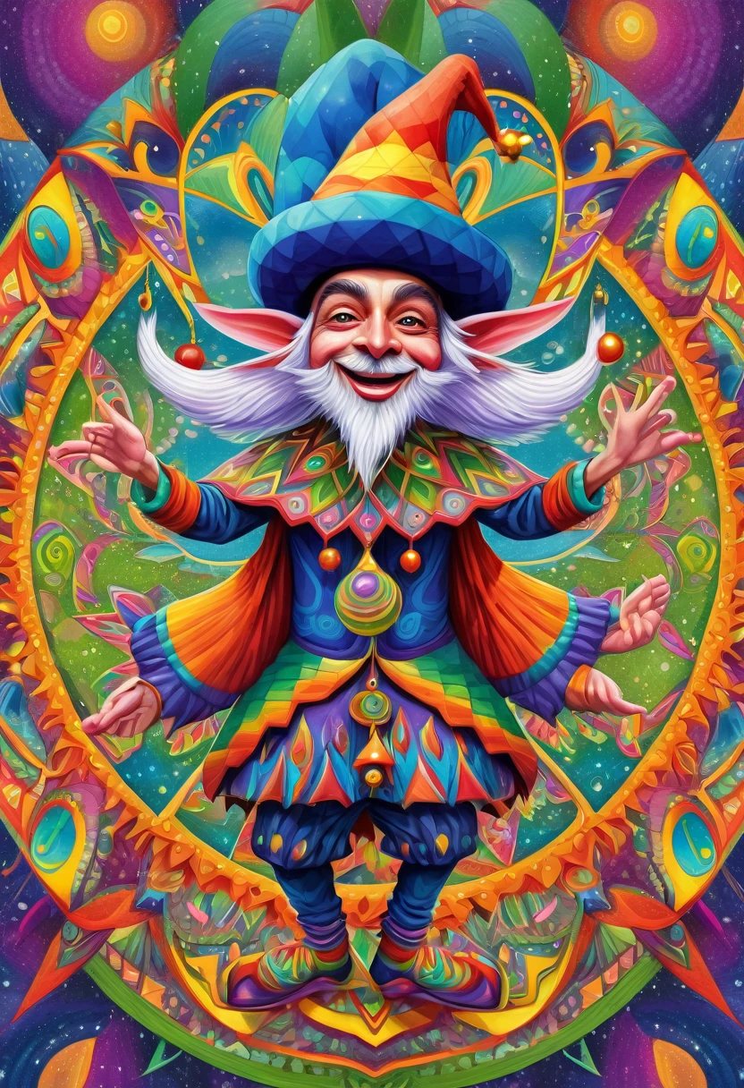 a wise jester wearing his 6 pointed cap and bells hat and dancing, colorful, surreal, psychedelic, center, detailed, geometric patterns, visionary art, shamanic
