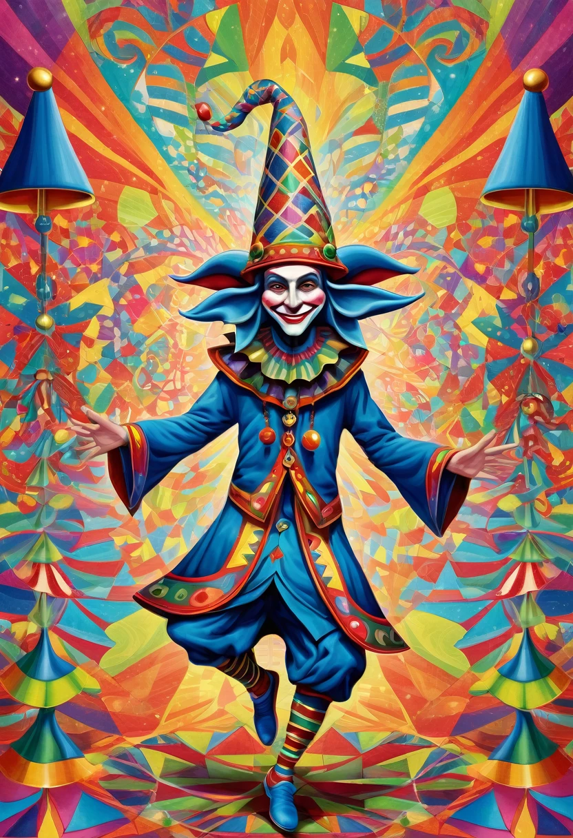 a wise jester wearing his 6 pointed cap and bells hat and dancing, colorful, surreal, psychedelic, center, detailed, geometric patterns, visionary art, shamanic