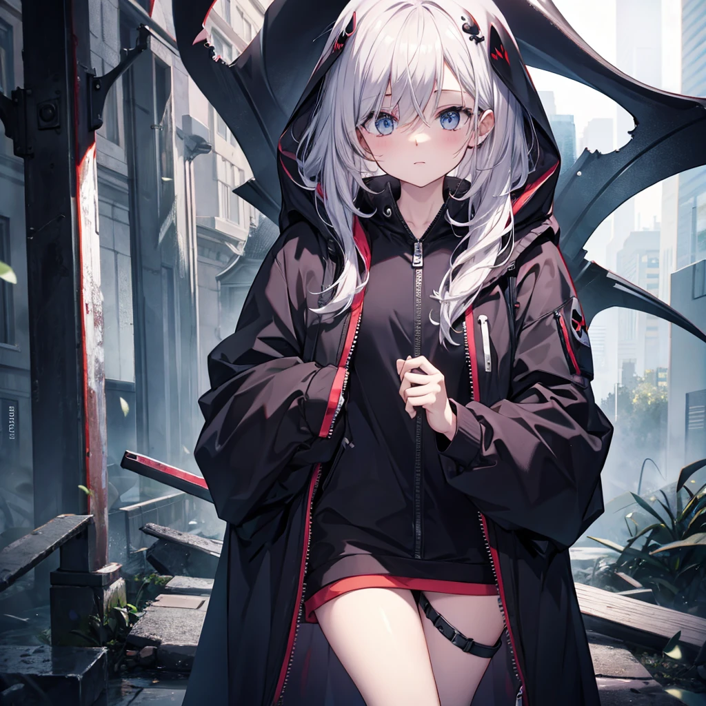 (((Grim Reaper&#39;s Scythe)))　(((Gray Hair　Short Hair　blue eyes　girl)))，((night　full moon　My own big wings))，(Wearing a hood　Black camisole　Purple light)，　A tense look　Shining Background　Shining Edge