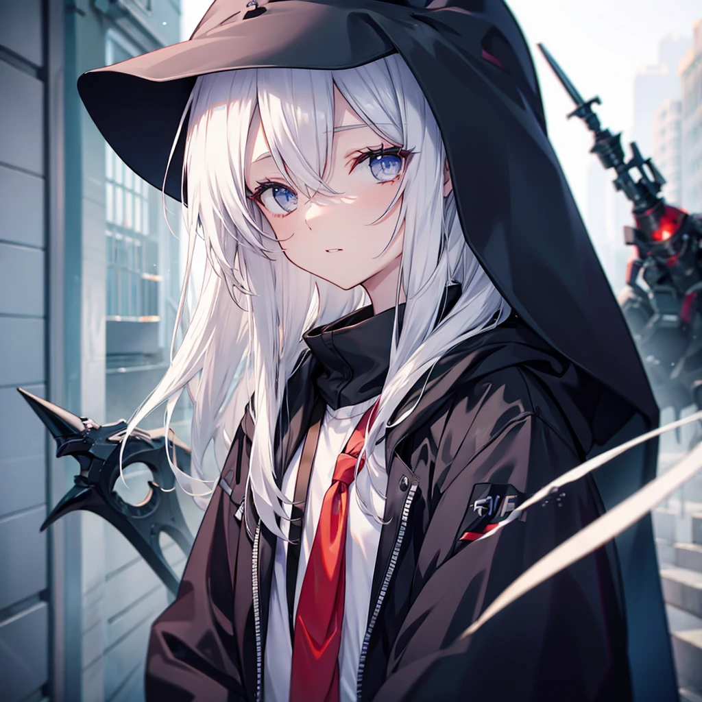 (((Grim Reaper's Scythe))) (((Gray Hair Short Hair blue eyes girl))),((night full moon My own big wings)),(Wearing a hood Black camisole Purple light), A tense look Shining Background Shining Edge