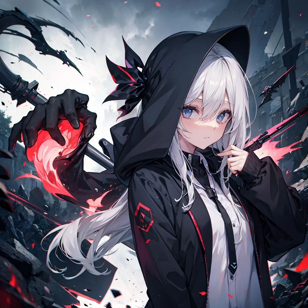 (((Grim Reaper&#39;s Scythe)))　(((Gray Hair　Short Hair　blue eyes　girl)))，((night　full moon　My own big wings))，(Wearing a hood　Black camisole　Purple light)，　A tense look　Shining Background　Shining Edge