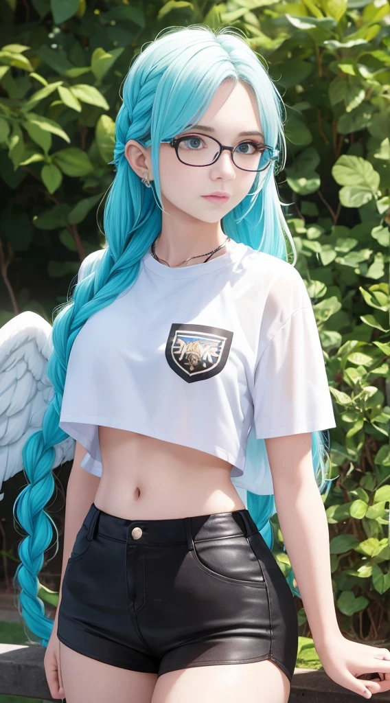 18-year-old woman with golden hair, turquoise eyes, long hair, left braid, eye glasses. Wearing a white shirt, black shorts and white wings on the back.