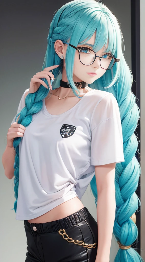 18-year-old woman with golden hair, turquoise eyes, long hair, left braid, eye glasses. Wearing a white shirt, black shorts and white wings on the back.