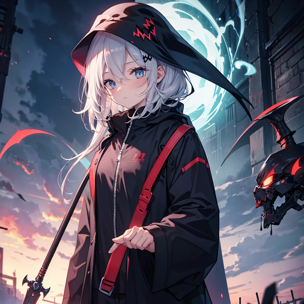 (((Grim Reaper's Scythe))) (((Gray Hair Short Hair blue eyes girl))),((night full moon My own big wings)),(Wearing a hood Black camisole Purple light), A tense look Shining Background Shining Edge