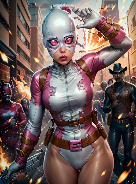 (GwenPool attacking:1), (white mask:1.2), (superhero, bodysuit, pink leotard, belt, gun, hood:1), looking at viewer, cute pose, leaning forward, (detailed landscape,building, explosion:1), (dynamic_angle:1), (dynamic_pose:1.2), (masterpiece:1.2), (best quality, highest quality), (ultra detailed), (8k, 4k, intricate),(full body:1), (Cowboy shot:1.2), (50mm), (highly detailed:1.2),(detailed face:1.2), detailed_eyes,(gradients),(ambient light:1.3),(cinematic composition:1.3),(HDR:1),Accent Lighting,extremely detailed,original, highres,(perfect_anatomy:1.2),