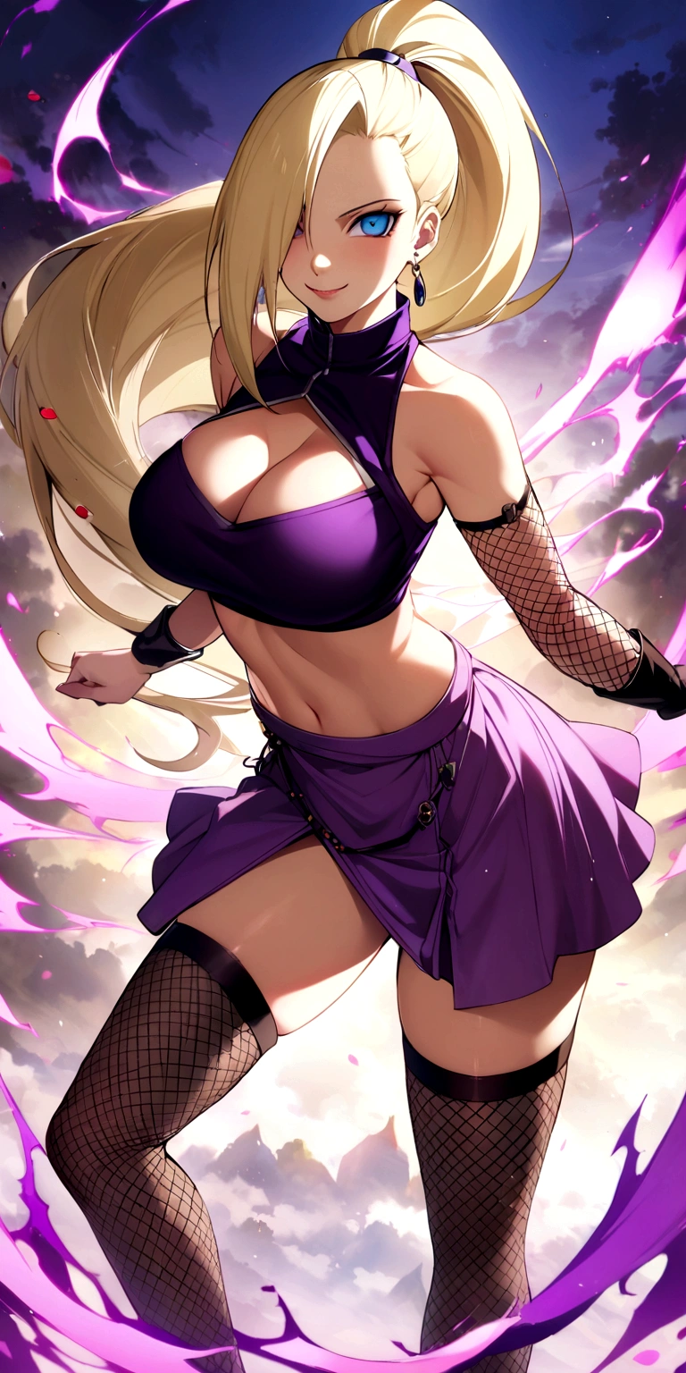 masterpiece, best quality, very aesthetic, absurdres,
yamanaka_ino, naruto_(series), naruto_shippuuden,blonde_hair,long_hair, high_ponytail, hair_over_one_eye, blue_eyes, bare_shoulders, purple crop_top, earrings, Fishnet elbow pads, jewelry, large_breasts, midriff, purple skirt, Fishnet stockings, thighhighs, smile, solo, standing, in park,looking_at_viewer, sexy pose, playing with man’s cock, big tits, cleavage hanging
