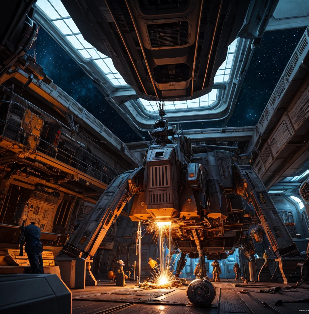 A team of meticulously programmed repair droids meticulously mend the battered hull of a starship hull in the bustling drydock of a space station. The sleek metallic bodies of the droids contrast sharply with the scuffed, utilitarian exterior of the ship. This stunning digital painting captures the intricate details of the scene, from the glowing welding sparks to the intricate patterns of the droids' circuitry. The vivid colors and expert shading create a sense of depth and realism that draws the viewer into the sci-fi world of space engineering.