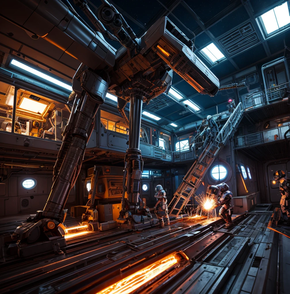 A team of meticulously programmed repair droids meticulously mend the battered hull of a starship hull in the bustling drydock of a space station. The sleek metallic bodies of the droids contrast sharply with the scuffed, utilitarian exterior of the ship. This stunning digital painting captures the intricate details of the scene, from the glowing welding sparks to the intricate patterns of the droids' circuitry. The vivid colors and expert shading create a sense of depth and realism that draws the viewer into the sci-fi world of space engineering.