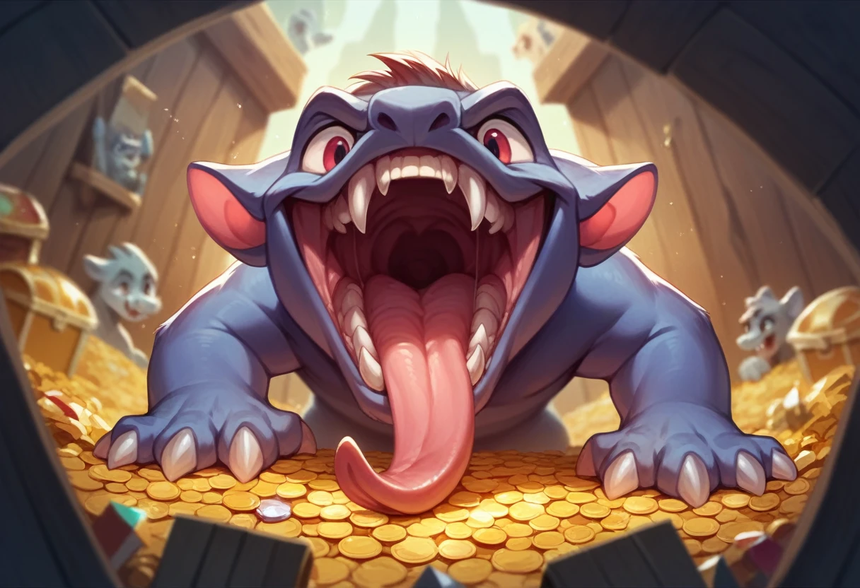 Huge treasure chests,Treasure Box Monster,Big Mouth,Fangs,Long tongue,rich and colorful,Depth of Field,OC Renderer,light,very good,Very detailed,complicated,Viewing angle,CG art