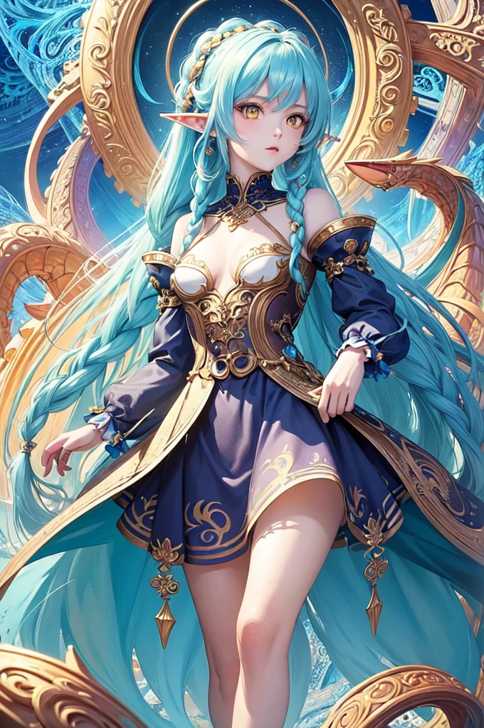 (masterpiece, top quality, best quality, official art, beautiful and aesthetic:1.2), (1girl), extreme detailed,(fractal art:1.3),colorful,highest detailed, cute young girl, light blue hair, long hair, small braids hair, yellow eyes, elf ears, dragon tail, dragon thorn, muscular body, small breast, light blue dress