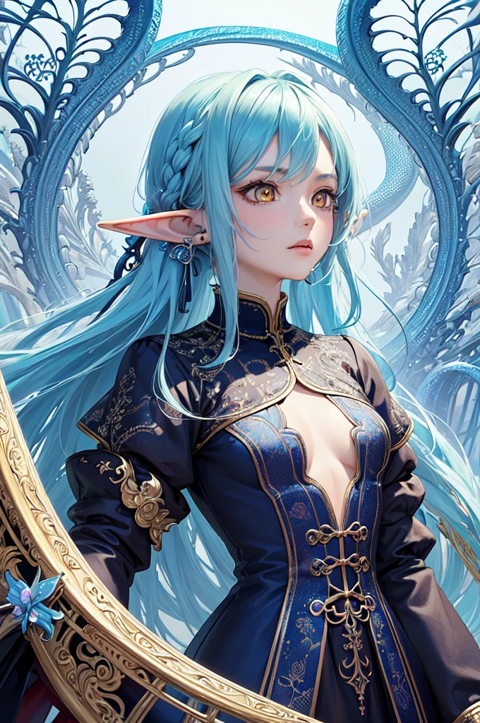 (masterpiece, top quality, best quality, official art, beautiful and aesthetic:1.2), (1girl), extreme detailed,(fractal art:1.3),colorful,highest detailed, cute young girl, light blue hair, long hair, small braids hair, yellow eyes, elf ears, dragon tail, dragon thorn, muscular body, small breast, light blue dress