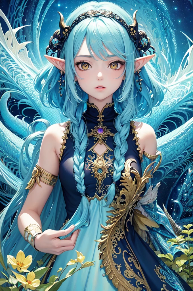 (masterpiece, top quality, best quality, official art, beautiful and aesthetic:1.2), (1girl), extreme detailed,(fractal art:1.3),colorful,highest detailed, cute young girl, light blue hair, long hair, small braids hair, yellow eyes, elf ears, dragon tail, dragon thorn, muscular body, small breast, light blue dress