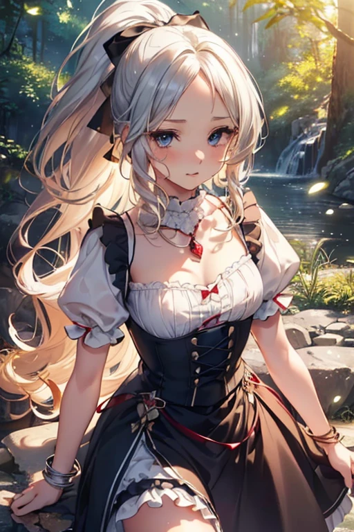 #Basics A girl is posing for a photo, animeのかわいい女の子, (((One Girl, Baby Face, Young girl, 16 years old))),
BREAK
#Clothing Accessories
((Red with white ruffles)Dirndl), (Sheer white elbow gloves, black ankle boots),
((Luxury Silver Bracelets, large silver necklace)),
BREAK
#Features
((Blonde), ((Bangs that expose the forehead)), (ponytail : Long Hair + Full and voluminous hair+ Curly Hair + Large black ribbon)),
(Droopy eyes,blue eyes), (Small breasts),
BREAK
#expression
(smile, 楽しそうなexpression),
#background environment
((noon, sunlight + In the forest where you can see the waterfall:1.4 , Walking)),
#composition
((To the camera:1.4, Cowboy Shot)),
BREAK
#Body parts elements
(Detailed hair, Beautiful Hair, Shiny Hair),
(double eyelid, Long eyelashes),
(Expression of fine eyes, Beautiful and delicate eyes, Sparkling eyes, Eye Reflexes),
(Human Ear),
(Beautiful Nose, Thin Nose),
(Glossy lips, Beautiful Lips, Thick lips), (Symmetrical facial features),
(Detailed skin, Textured skin, Beautiful Skin),
BREAK
#Quality
(((Highest quality)), ((masterpiece)), ((Very detailed))), ((High resolution), (16K,1080P)),
(Realistic), (Anatomically correct),
((comics, anime)), (3DCG), CG illustration,