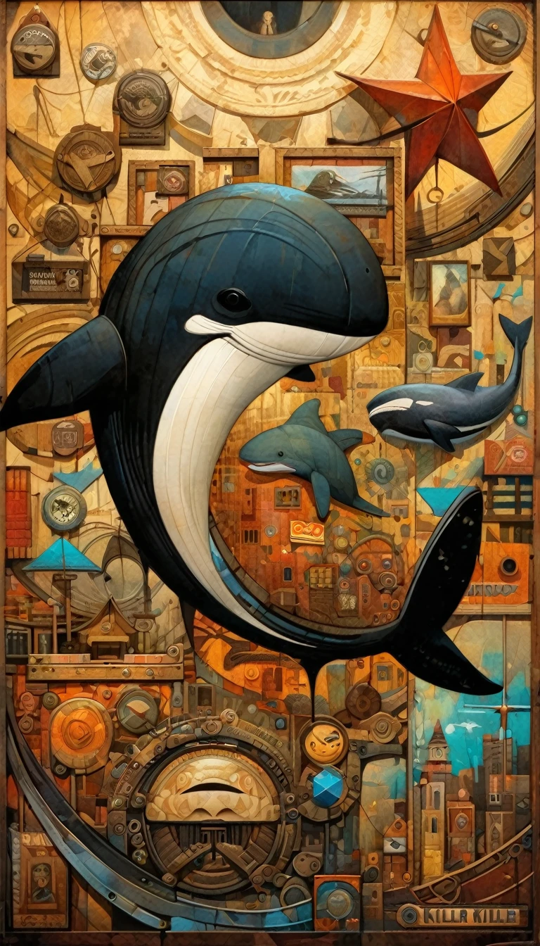simple decorative rusty metal sign with a drawing of an 1killer whale and a 1communist star, artwork inspired by Dave McKean, vivid colors, intricate details, oil painting.