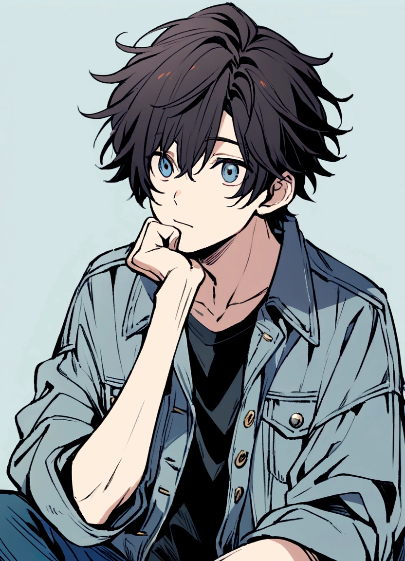 Create an anime-style illustration of a boy with short, slightly messy dark hair. He should be wearing an oversized blue denim jacket. The boy's expression should be one of contemplation, with a thoughtful look and his hand resting on his chin. The background should be a plain, light grayish-blue color to keep the focus on the character. Ensure the drawing has a clean, detailed, and slightly pastel color palette to match the aesthetic of modern anime illustrations.