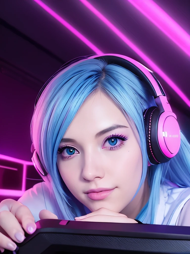 best quality, ultra high res, (photorealistic:1.4), (pink and blue neon light), beautiful face, natural makeup, (PureErosFace_V1:0.8), | 1 woman, casual cloth, skirt, intricate design, headphone, blue hair, twin tail hair, | sitting on gaming chair, gaming room background, streamer, gamer, gaming pc, (smile),