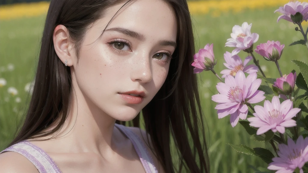 MasterPiece, A beautiful women sitting in a field, Cinematic close-up, Bright red lipstick, freckles on the face, subtle smile, HyperRealistic, Purple flowers in the filed, Ultra HD, Hyper Detailed, Portrait perfect, 8k, UHD.