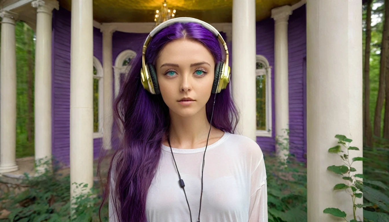 HDR, BETTER IMAGE, WOMAN WITH GREEN EYES, FULL BODY IMAGE, WITH SMALL HEADPHONES, LISTENING TO MUSIC, LONG PURPLE STRAIGHT HAIR, NATURE, FOREST, IVORY HOUSE WITH GOLD, IVORY COLUMN WITH GOLD, YOUTUBE SYMBOL