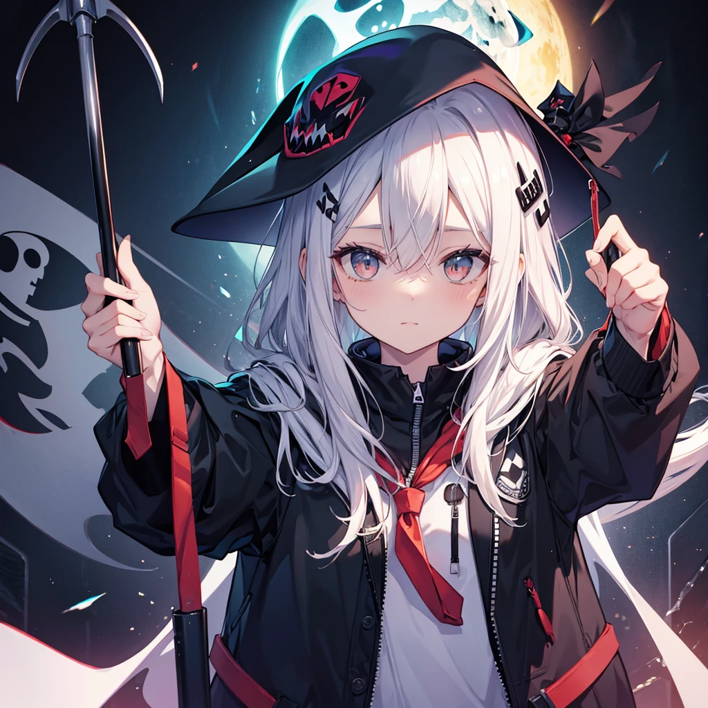 (((Grim Reaper's Scythe))) (((Gray Hair Short Hair blue eyes girl))),((night full moon My own big wings)),(Wearing a hood Black camisole Purple light), A tense look Shining Background Shining Edge