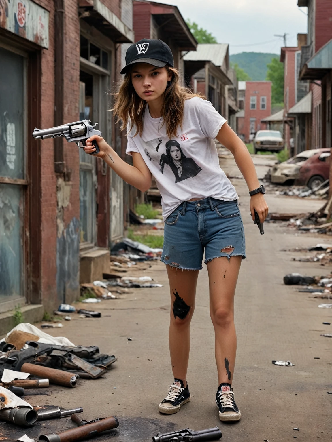 ８k,realistic photo、realistic skin texture、A beautiful very young teenage girl living in the United States.y Hold a Wesson M442 compact revolver with your hand..、pointing forward ,,Dirty and torn large size.Ｔshirt 、black cap、Dirty Vans high-top sneakers、、A town in chaos、face、moving action pose、cool composition、tattoo