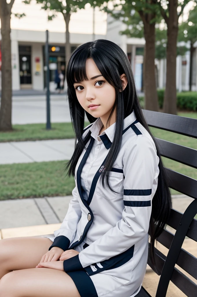 Girl with slanted gray eyes,jaw length black hair, angelic and feminine face, sitting on a bench with a ua uniform, Boku no hero academia anime