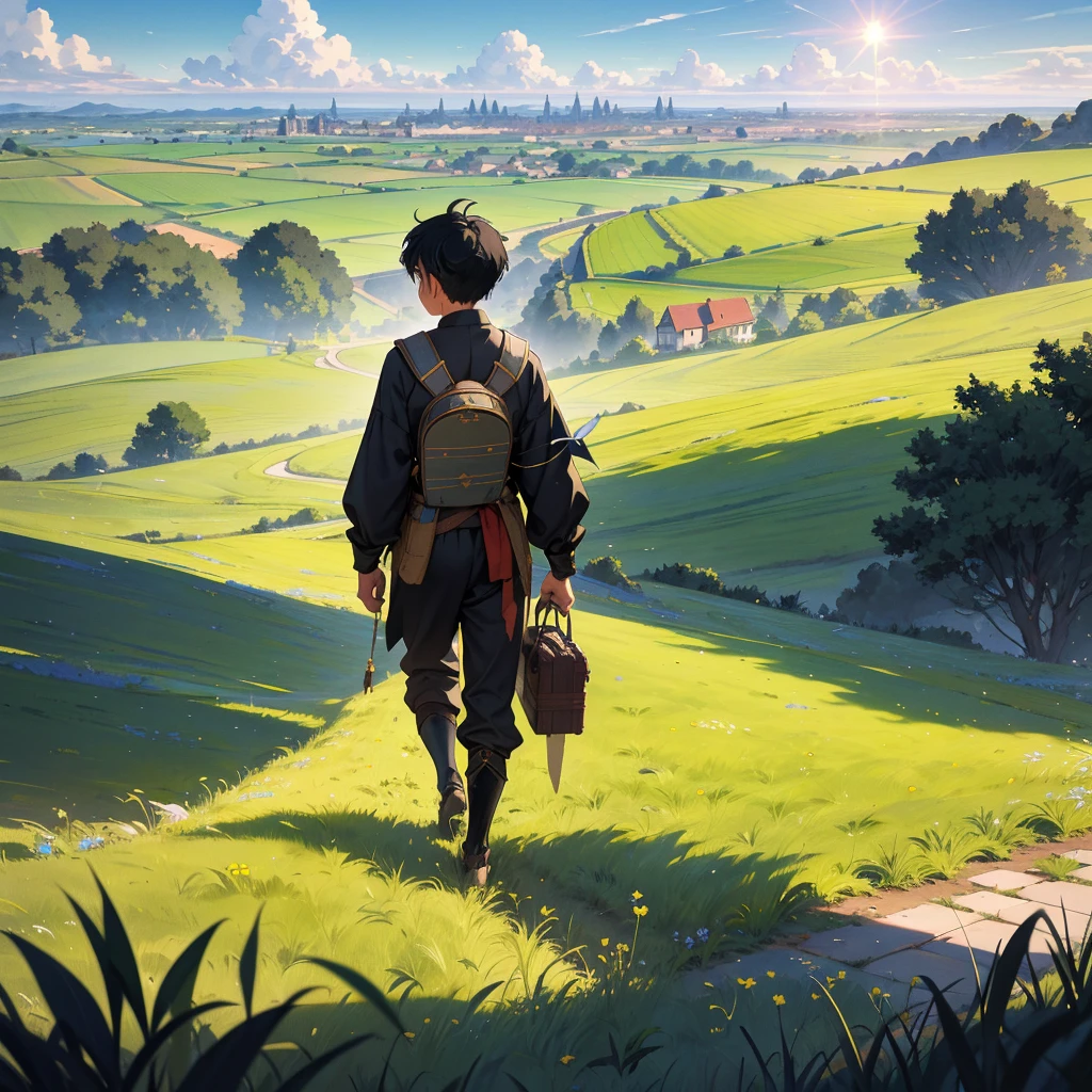 Picture a black-haired boy walking through a vast grassfield, the golden blades swaying gently in the breeze under a clear, blue sky. In the distance, the silhouette of a medieval city rises, its stone walls and spires glinting in the sunlight. The boy, dressed in simple traveler's clothes, carries a small pack on his back, his steps filled with a sense of purpose and adventure. Capture the contrast between the serene expanse of the grassfield and the bustling promise of the city ahead, highlighting the boy's journey from the peaceful countryside towards the unknown opportunities and challenges of urban life."