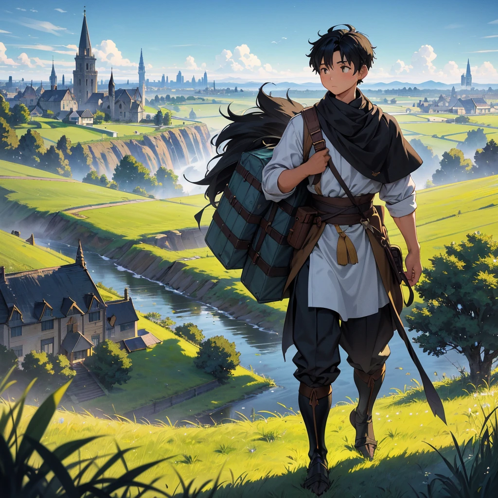 Picture a black-haired boy walking through a vast grassfield, the golden blades swaying gently in the breeze under a clear, blue sky. In the distance, the silhouette of a medieval city rises, its stone walls and spires glinting in the sunlight. The boy, dressed in simple traveler's clothes, carries a small pack on his back, his steps filled with a sense of purpose and adventure. Capture the contrast between the serene expanse of the grassfield and the bustling promise of the city ahead, highlighting the boy's journey from the peaceful countryside towards the unknown opportunities and challenges of urban life."