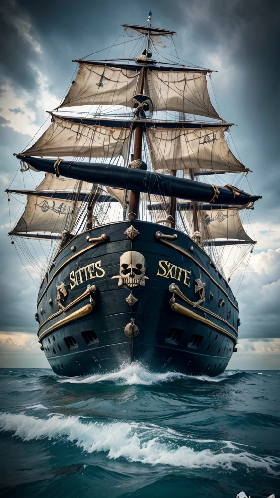 a pirate skull, with the writing "mariners de XTREME' ship colour full cloudy sky