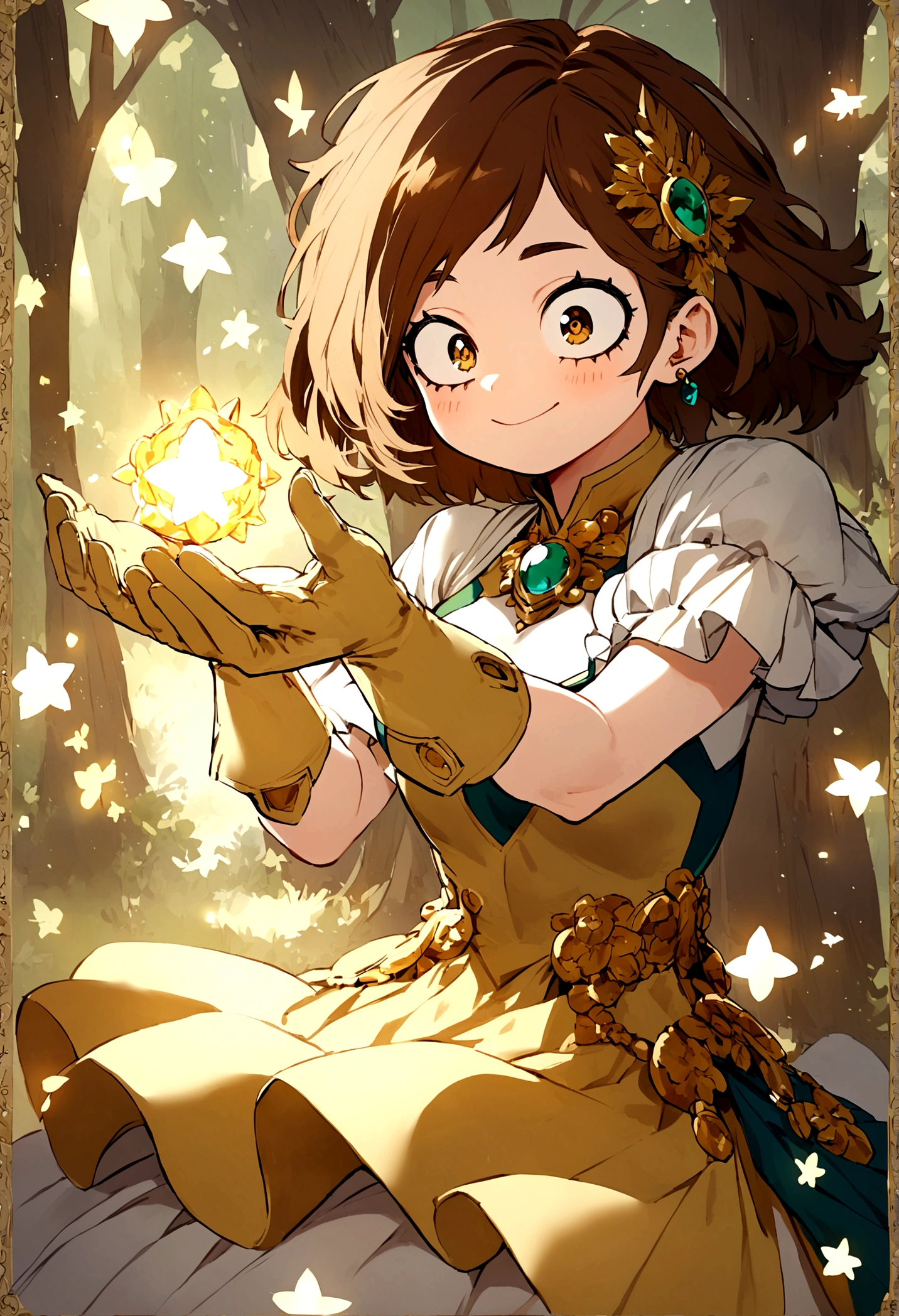 My hero academia, girl with long brown hair, gold eyes with gloves