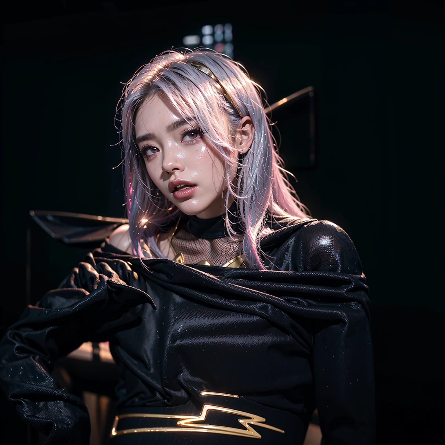 highest quality、surreal、perfect anatomy、Wet and shiny white skin、model body shape、Sweat dripping all over the body、Super small face、Ahegao、Cyberpunk City、Fishnet tights、garter belt、Pink, silver and gold hair、Black micro bikini、Neon lights、tattoo、Cleavage、Precise pubic area、Bondage Fashion、Erect nipples、Lewd woman、latex、Bust Shot、0084