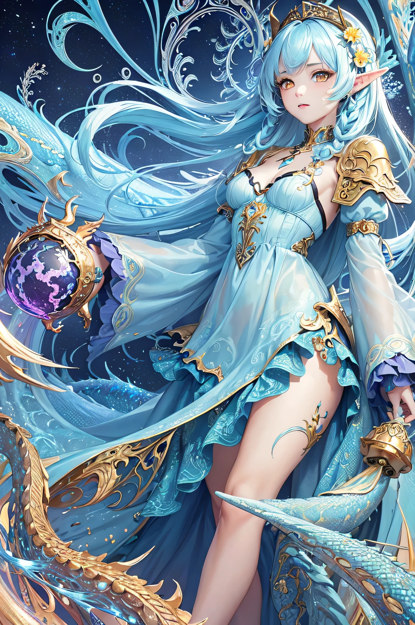 (masterpiece, top quality, best quality, official art, beautiful and aesthetic:1.2), (1girl), extreme detailed,(fractal art:1.3),colorful,highest detailed, cute young girl, light blue hair, long hair, small braids hair, yellow eyes, elf ears, dragon tail, dragon thorn, muscular body, small breast, light blue dress