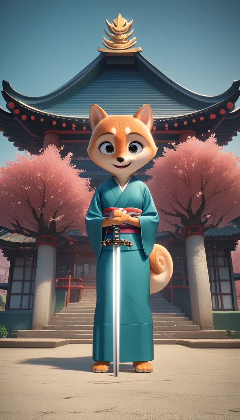 Close-up shot of a Shiba Inu, Shiba Inu Samurai,whole body, Holding a Japanese sword wrapped in black lightning，Samurai kimono，Wearing Japanese clothing, Background of the Japan Temple, High resolution, masterpiece, Highest quality, Super detailed, Super detailed, Ultra-realistic,
 Japan style, 3D Fluffy, Cute and adorable close-ups, Cute big round reflective eyes, Long fuzzy fur, Pixar Rendering, unreal engine Cinematic smooth, Exquisite detail, Cinematic