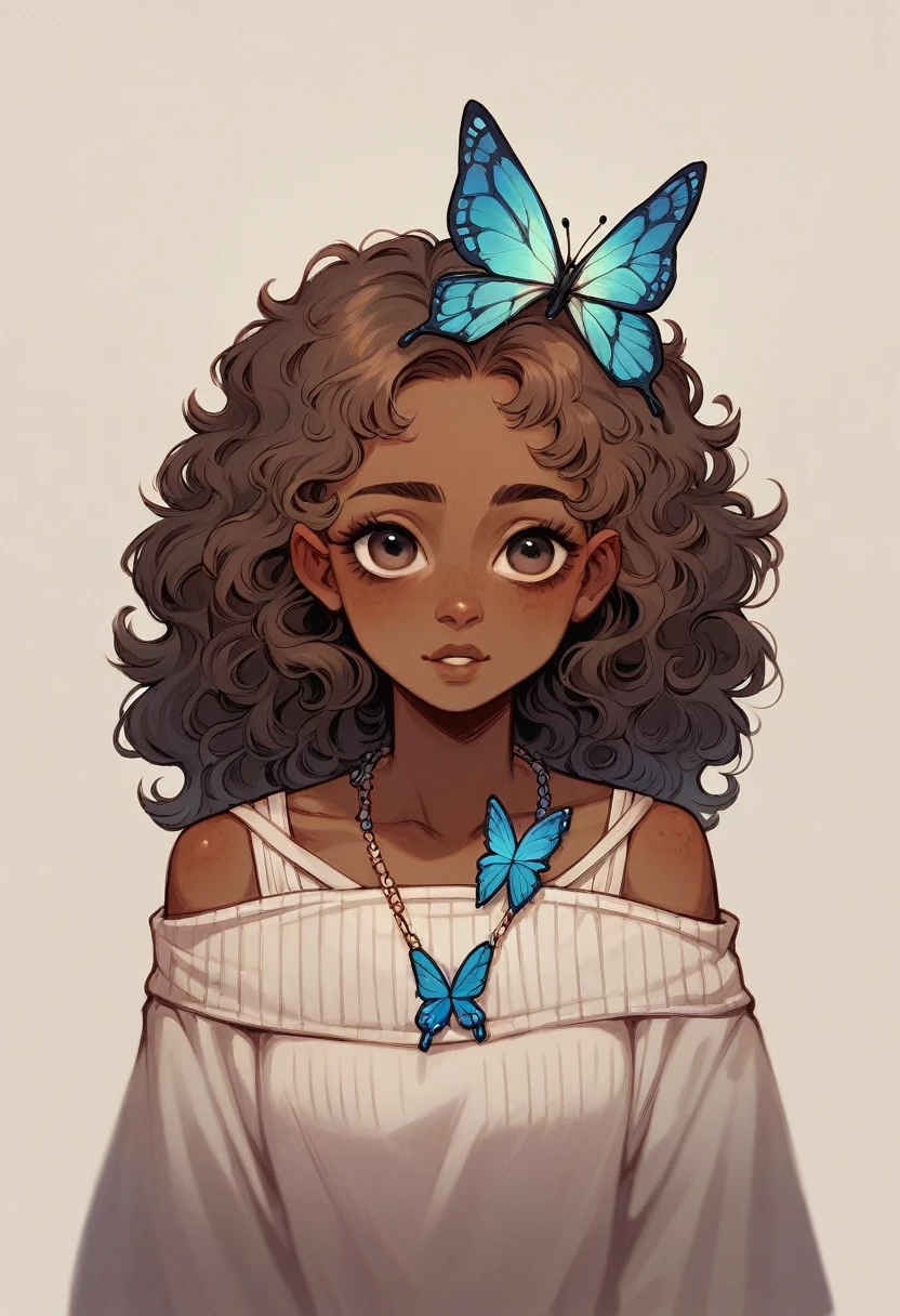 Doll with butterfly necklace and butterfly tendrils, curly hair and brown skin