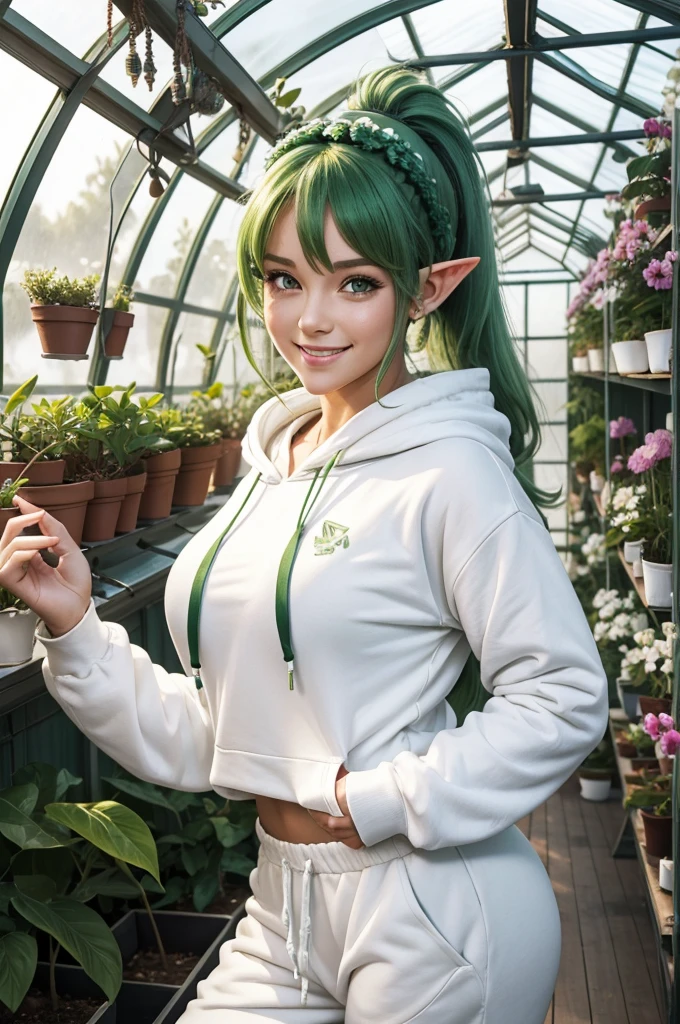 30 year old woman from Saturn, elf ears, thick athletic body, beautiful, cute, green ponytail hair with flower headband, in greenhouse, wearing white hoodie and white sweatpants, smile