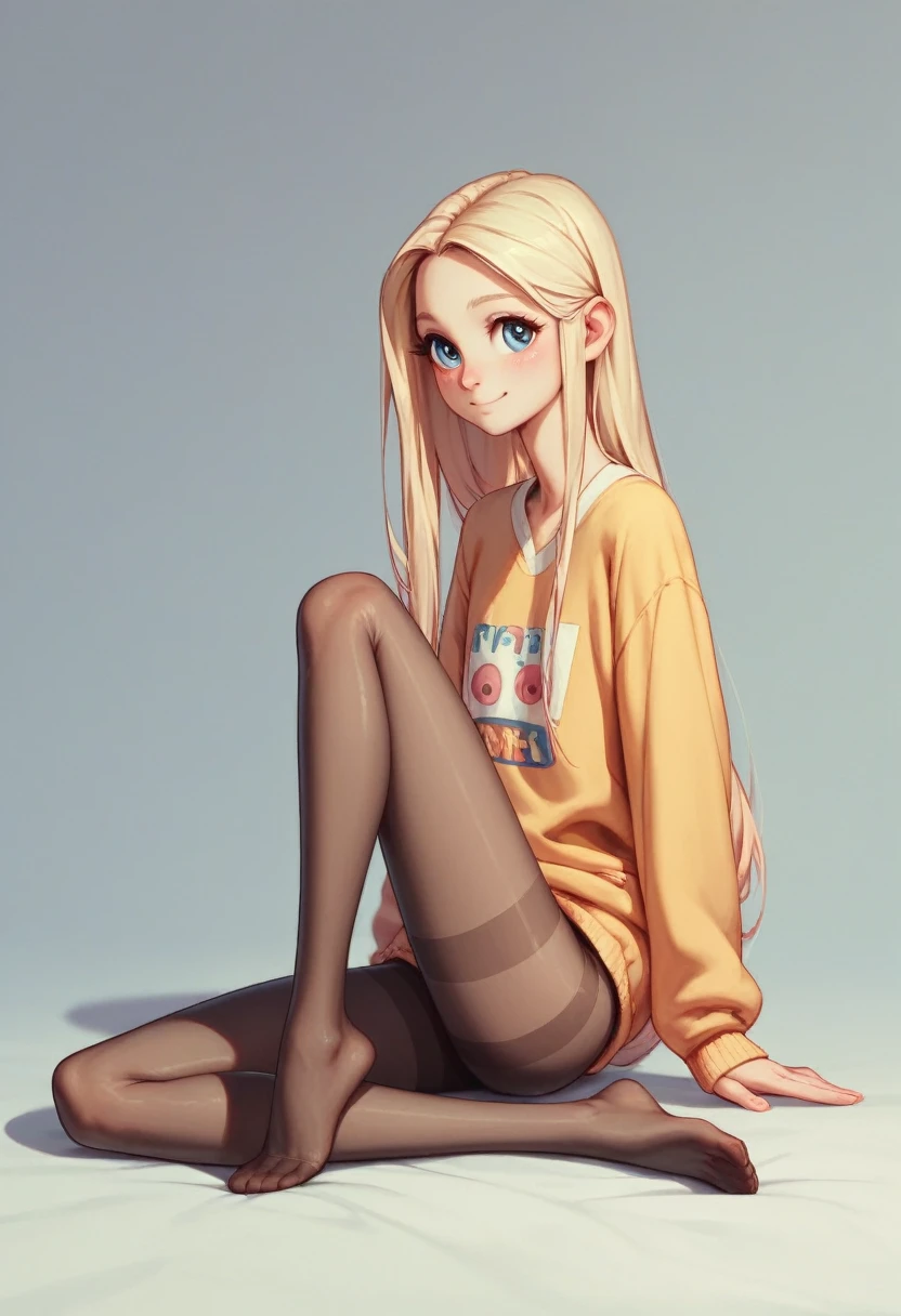 Unrealistically skinny thin body. Long thin body. Very very unrealistically long thin legs in pantyhose. cute blonde.