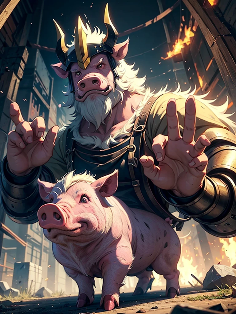 I want you to draw the god of all pigs in the pig world, he is a great animal, pig, boar, demon, robot.. Ready for a terrible battle.  I don&#39;t want human faces or people, just demonic pigs with fangs., the pig titan, the biggest of pigs, is fighting fiercely to conquer the world,  the pig titan un gran cerdo the biggest of pigs es es el Dios de todos los cerdos y tiene colmillos y es grande y es muy agresivo y terrorífico,  and it is imposing, impressive and super powerful and gives the space to put letters.  a demonic pig God with big demon pigs and there are three big pigs Titans gods of all pigs and all heavy metal. I don&#39;t want people, just animals.. 

