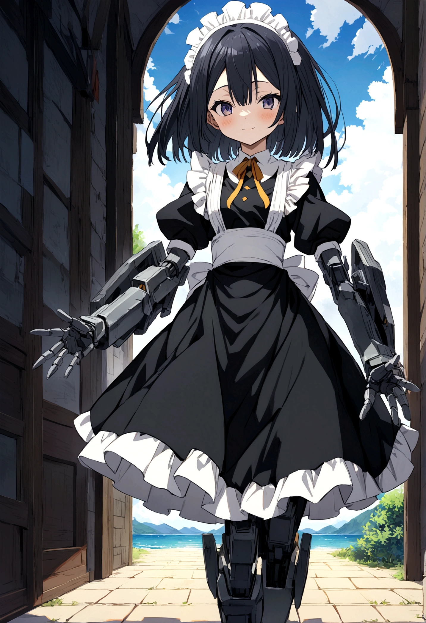 Ozen from "made in the abyss" in a maid's dress, with robotic arms, normal height