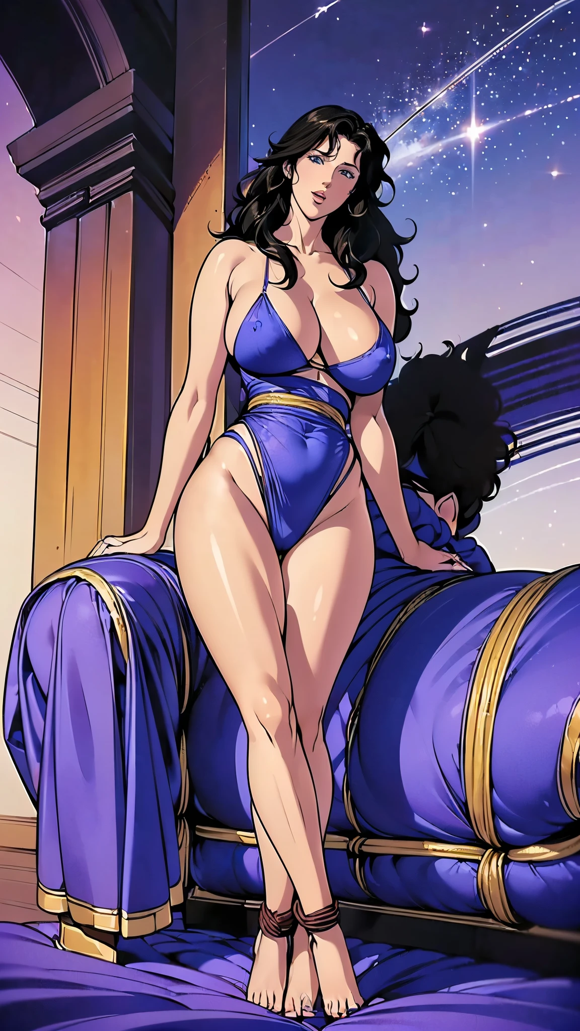 (masterpiece:1.2, Highest quality,Highest quality),(Very detailed),8K,wallpaper,Studio Lighting,Ultra-fine painting,Narrow your focus,Physically Based Rendering,1 female,Beautiful Skin,Shiny skin,Beautiful Hands,Detailed hand drawing,(Shiny costumes),(Wearing a belt around his waist),Sensual,(Hair blowing in the wind),((Night sky and shooting stars)),(((RuiKisugi,1 Female, Long Hair,Wavy Hair,Black Hair,eyelash,blue eyes,lipstick, ,(((Better Hands))),Big Hips,Thick thighs,(Long legs:1.2),Cleavage,Mature Woman, Hip Up,Abdominal muscles,((Large Breasts:1.4))、Tight waist,Voluptuous body line,Beautiful legs,Beautiful feet,Long legs,Photograph the whole body,Beautiful feet,Long legs,Thighs open,Nipples visible,The areola is protruding,Voluminous lower body,Thick thighs,Big Ass, 大きなSexy ass, Perfect Body Proportions, Slim waist, Full body photography, 赤いlipstick, Sitting on sofa with legs spread,Black Micro Bikini、(Rope Bondage:1.2),((Put your arms behind your back)),Tied up woman,Tied up with rope, Tightly bound, Hands tied, Her body was tied with ropes,Length 180cm,Small face,(Fully expose your thighs to the viewer:1.6),((Amazing orgasm)),Angle from below,(Low angle shot:1.1), sweating, Soft thighs, Shiny thighs, Beautiful Hands, Full body photography, セクシーなBeautiful feet, Pay attention to her beautiful legs, 魅力的なBeautiful feet, Sexy ass, Cleavage,Open the chest,