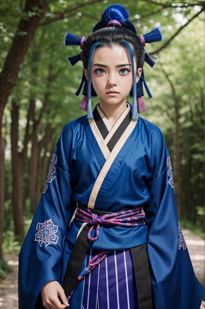 Captura de pantalla de Kimetsu No Yaiba.
Make a girl with pickled hair with blue highlights. He has bright dark blue eyes. wear a haori between blue and black. Below the haori he wears the Kimetsu No Yaiba hunter uniform..
Do it Kimetsu no yaiba style
