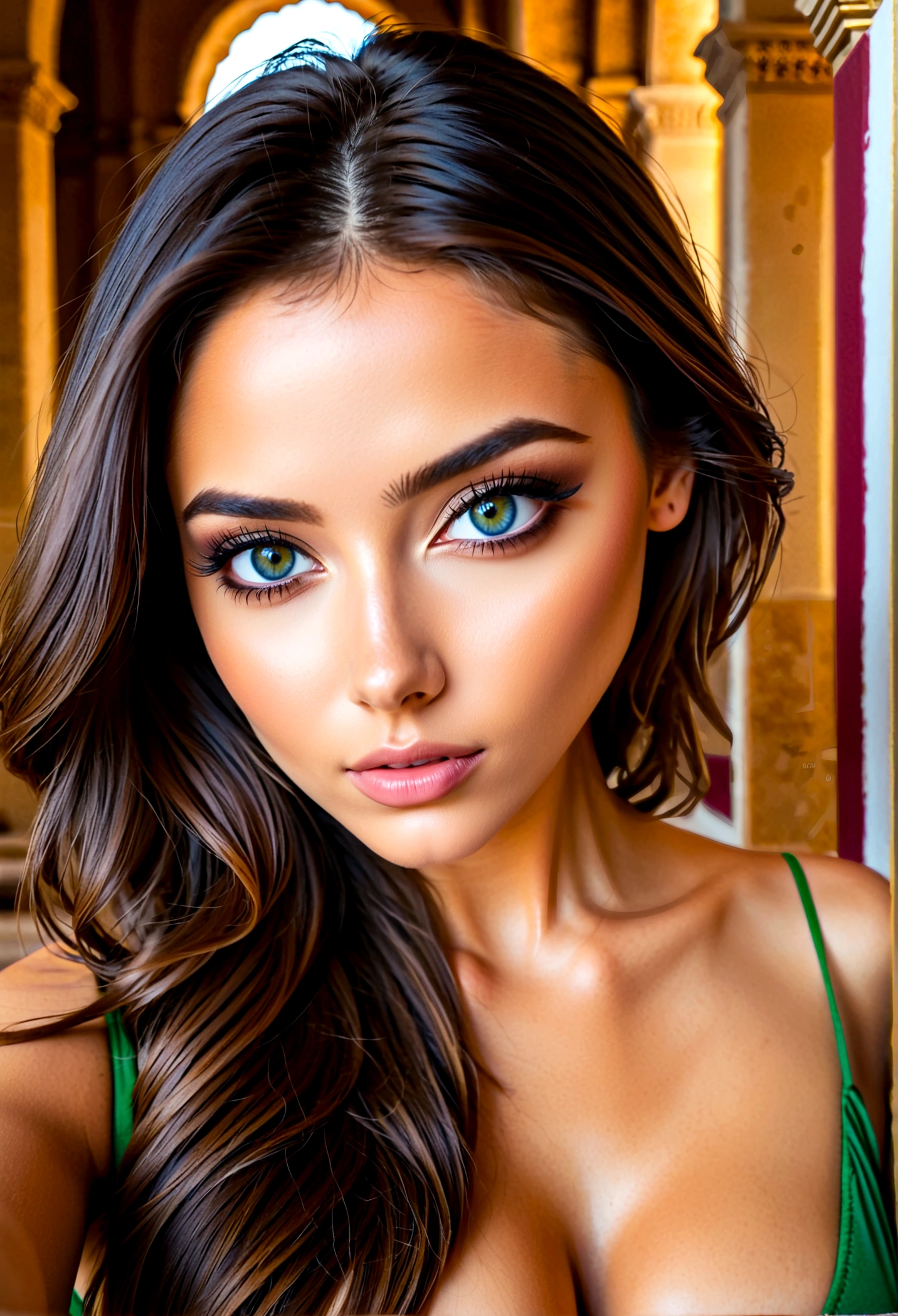 Femme Alafed avec jupe ample, fille sexy aux yeux verts, Portrait de Sophie Mudd, cheveux bruns et grands yeux, selfie d'une jeune femme, Yeux de chambre, violette myers, sans maquillage, Maquillage naturel, Regarder directement la caméra, Visage avec Artgram, Maquillage subtil, Yeux verts percés, Bel angle, Pose engageante, fille mignonne, pose sexy, Photo du corps entier, corps entier, corps entier photographié, Déesse brune, détails élevés, Pose satisfaisante, à la cathédrale de carthage