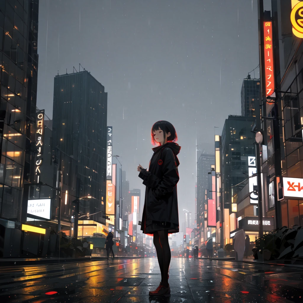 A girl and rain City blur background 