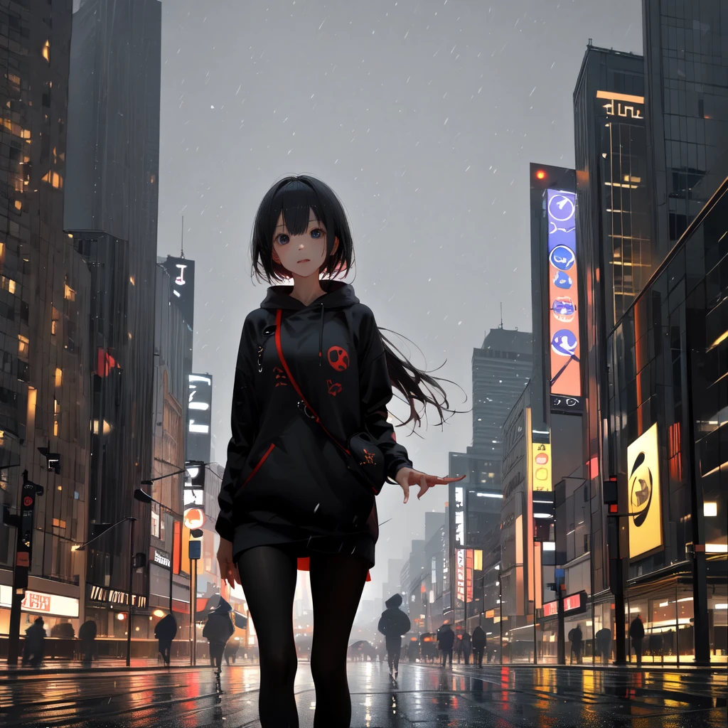 A girl and rain City blur background 