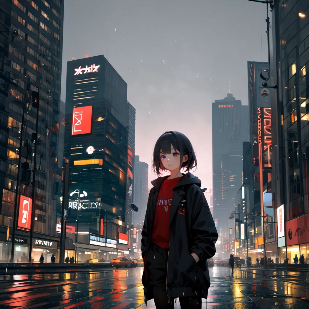 A girl and rain City blur background 